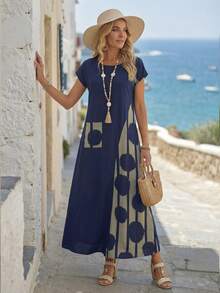 Faunlyn Váy họa tiết tròn kẻ sọc màu đơn giản ngày lễ dành cho nữ - Màu xanh lam - Xem 5