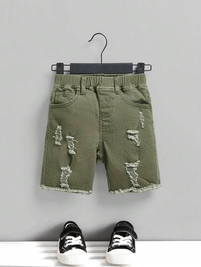  SHEIN Toddler Boys' Ripped Frayed Skinny White Denim Jeans Shorts , For Spring And Summer Young Boy Outfits