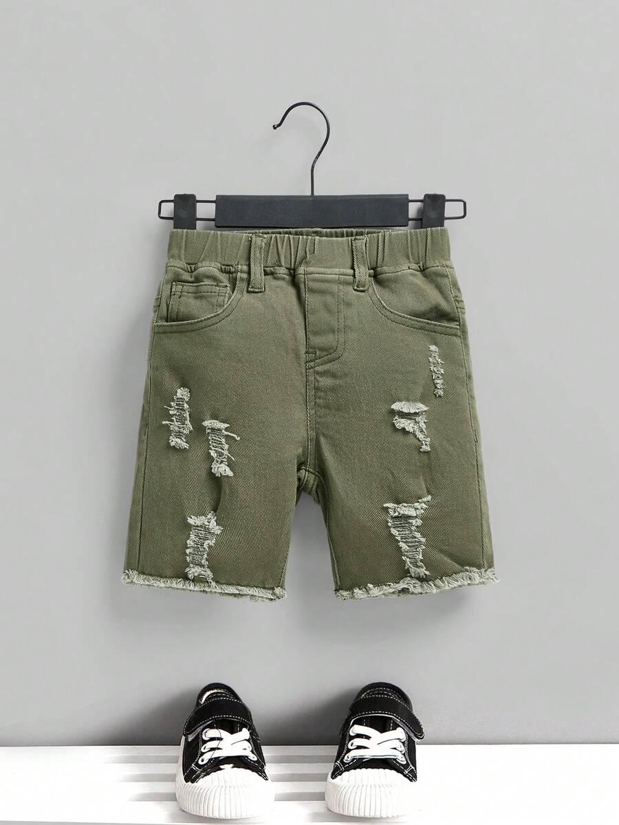 SHEIN Young Boy Ripped Frayed Skinny Solid Color Denim Shorts, For Spring And Summer - Army Green - View 1