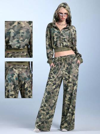 J-Fashion Ensemble sweat-shirt décontracté avec camouflage, orné de strass et de motifs vintage de champignons