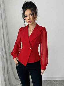 Elenzga 女士优雅浪漫修身长袖西装外套 - 紅色 - 查看 4