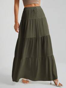 SHEIN Tall 白色梭织女式大下摆白色衬里半身裙，适合度假和外出穿着 - 橄欖綠 - 查看 3