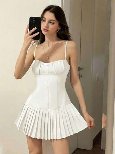 Sweetina 女士外出优雅纯色褶皱吊带迷你连衣裙，夏季