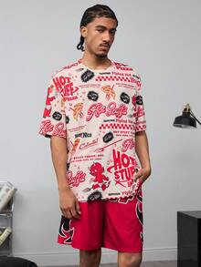 SHEIN HOT STUFF Men's Comfortable All-Over Print Short Sleeve T-Shirt And Shorts Loungewear Set, Summer - Red and White - View 5