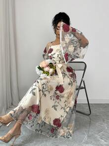 SHEIN Elenzya 女士方领花卉刺绣网纱优雅连衣裙，适合聚会、正式场合、夏季度假（刺绣图案随机） - 杏色 - 查看 4