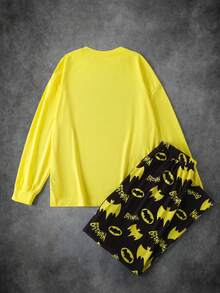 BATMAN X SHEIN Men's Comfortable Bat Print Crew Neck Long Sleeve T-Shirt And Pants Pajama Set, Autumn - Yellow - View 2