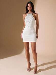 SHEIN BAE 黑色水钻装饰紧身迷你连衣裙，水钻装饰魅力派对礼服，秋季连衣裙，适合夜店、外出、秋季女装、老钱家族风格、派对、鸡尾酒会、正式场合、黑色连衣裙、生日迷你连衣裙 - 白色 - 查看 3