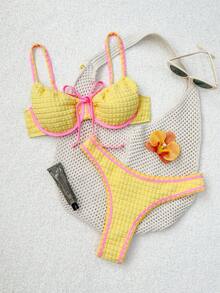 Swim Mod 泡泡面料女士泳衣套装，撞色花卉饰边 - 黃色 - 查看 7