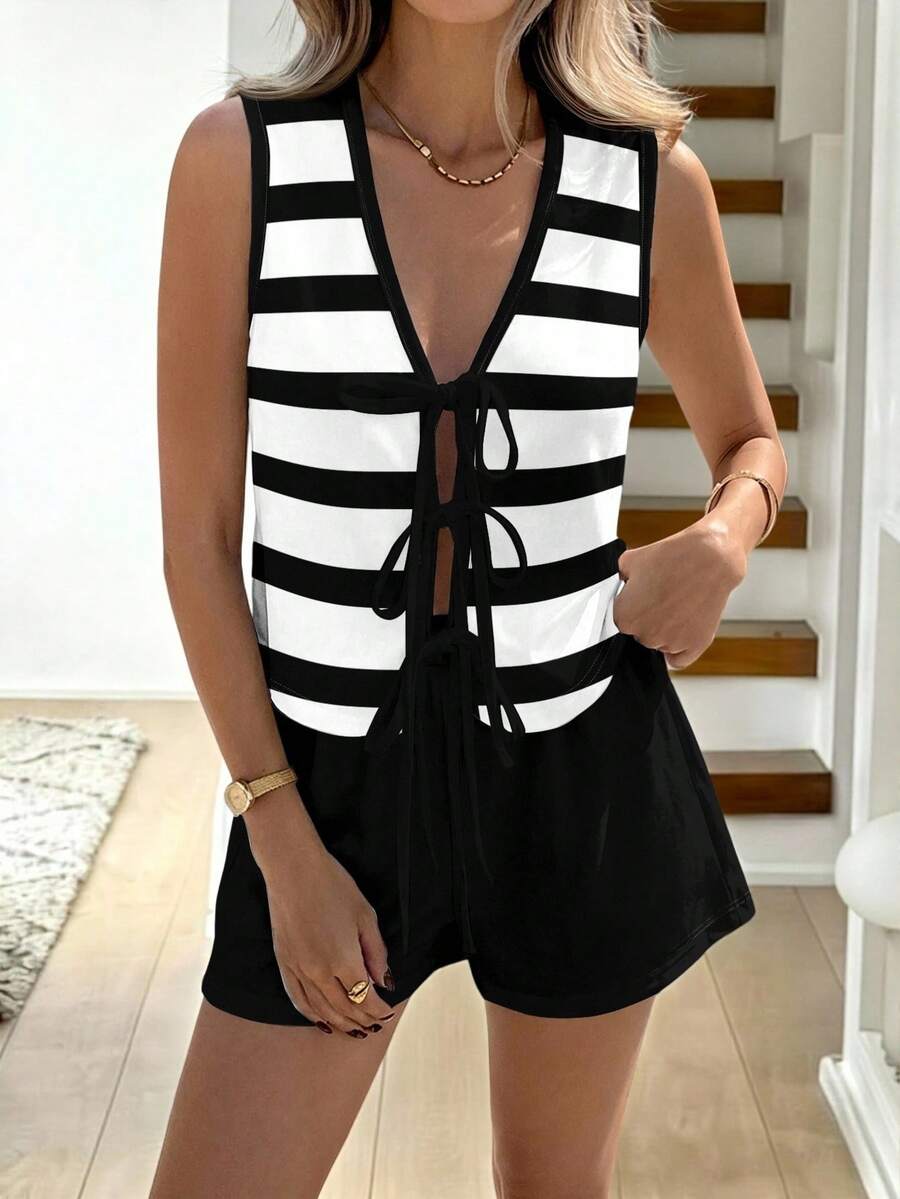 Easowa 两件套女士条纹撞色无袖开衫上衣和短裤套装，适合春夏休闲穿着。 - 彩色 - 查看 1