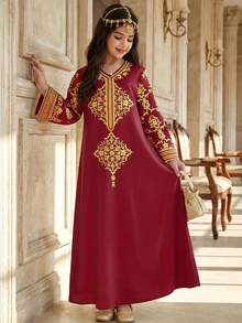 Áo choàng rộng rãi cổ chữ V màu đỏ in họa tiết cung điện vàng dành cho bé gái tuổi teen. - Đỏ - Xem 5