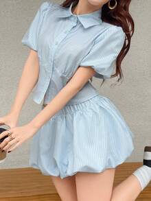 K-Vae Women's Striped Cinched Waist Sexy Bubble Sleeve Shirt And Super Short Bubble Skirt 2 Pieces Set - Baby Blue - View 4