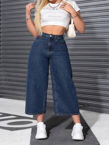 SHEIN ICON Jeans de talle alto, rectos y holgados para mujer de talla grande - Azul - Ver 5