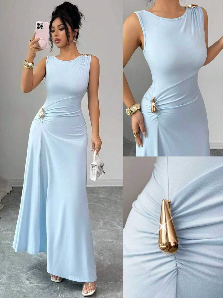 Elenzga Elegant Asymmetrical Hem Waist Cinched Sleeveless Crew Neck Stretchy Knit Bodycon Dress, Metallic Accent, French Chic, Vacation Sexy, Minimalist, Spring/Summer Elegant Long Dress Light Blue Long Dress Sleeveless Long Dress Sky Blue Formal Dress Sleek Long Dress - Blue - View 1