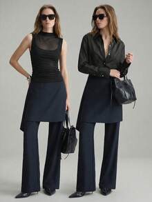 Ontre 2026ss Women's Navy Blue Comfortable Wide-Leg Pants, Asymmetric Hem Design With Detachable Panels, Fashionable, Elegant, Mysterious, Sexy, Modern Urban Casual Business Wear, High-Quality Airport, Versatile And Functional Middle Eastern Style Essential Women's Clothing Low-Key And Durable Basic Style, All-Match And Suitable For Everyone, Street Fashion Wear, Coffee Shop Wear, Relaxed Wear All-Season Fold Over Pants Navy Blue Pants Skirt Pants Modern Urban Casual Fashion Business Casual - Navy Blue - View 9