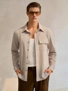 Manfinity Homme Men's Solid Color Long Sleeve Single-Breasted Cargo Pocket Shirt Light Brown Shirt Loose Shirt Silk Shirt Boxy Shirts Cropped Men's Shirts - Apricot - View 4