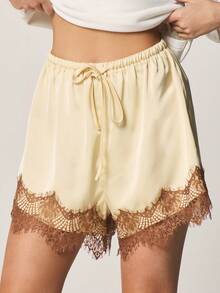 MISSGUIDED Satin Lace Trim Drawstring Shorts With Decorative Hem Detail Summer Lounge Casual Bottoms - Yellow - View 2