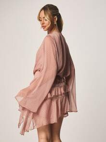 MISSGUIDED Polka Dot Wrap Mini Dress With Bell Sleeves And Ruffle Asymmetric Hem Chiffon - Pink - View 2