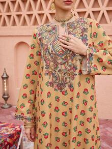 Al Najma Vestido árabe holgado con estampado floral, cuello con muesca y mangas acampanadas de malla, estilo modesto de vacaciones - Amarillo - Ver 6