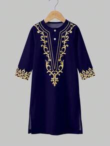 Tween Boy Long Shirt, Classic Arabic Traditional Casual Robe, Retro Traditional Pattern Print - Multicolor - View 1