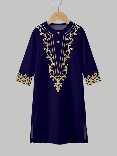 Tween Boy Long Shirt, Classic Arabic Traditional Casual Robe, Retro Traditional Pattern Print