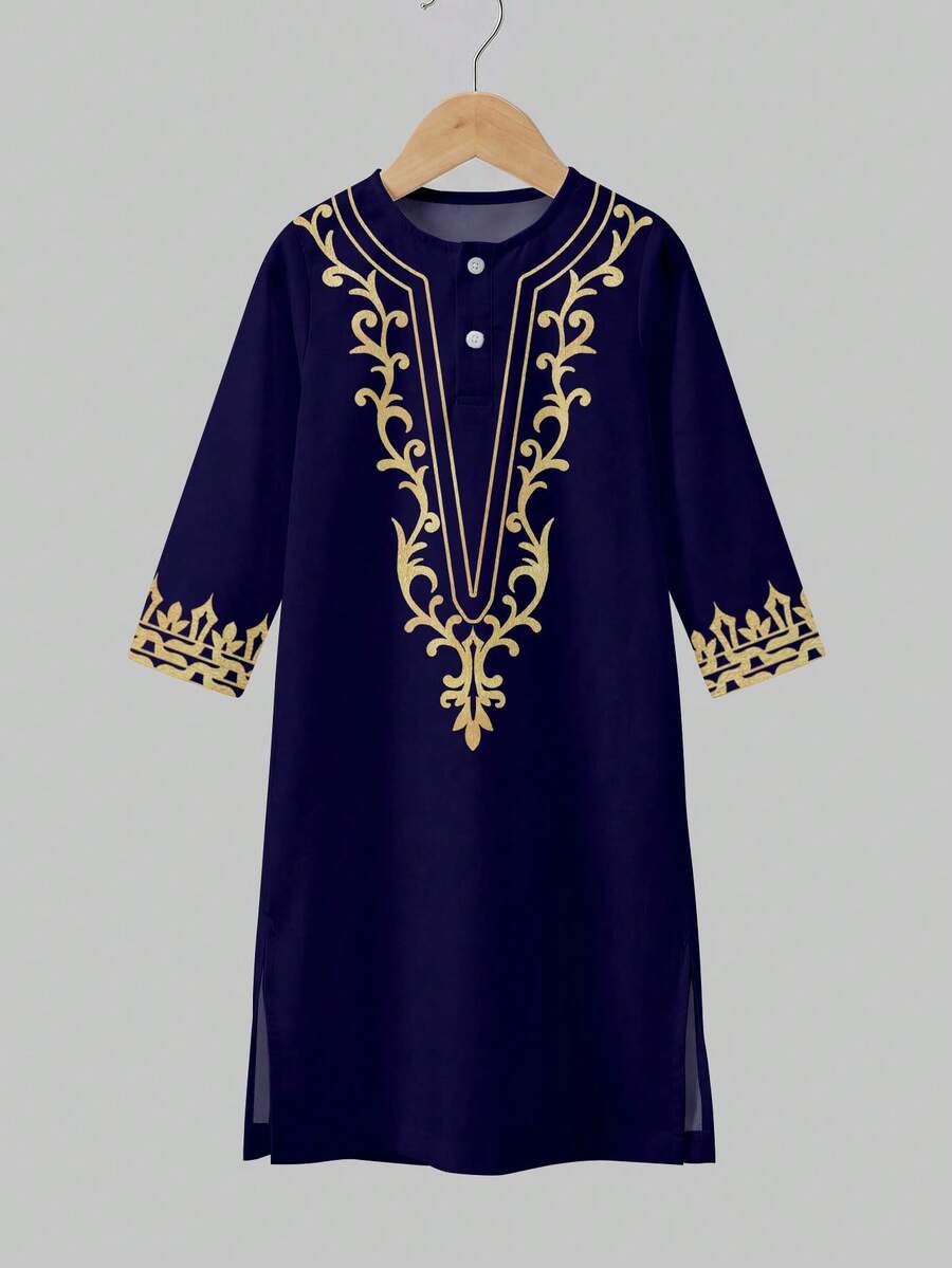 Tween Boy Long Shirt, Classic Arabic Traditional Casual Robe, Retro Traditional Pattern Print - Multicolor - View 1