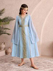 Middle Eastern Girls' V-Neck Elegant Dress, Spring/Autumn - Baby Blue - View 6