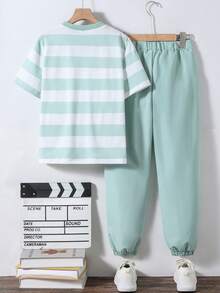 SHEIN Vacaura Bộ 2 món/Bộ áo phông sọc đen trắng tối giản thường ngày và quần đen cho bé trai tuổi teen, thích hợp mặc hàng ngày và đi chơi vào mùa xuân, mùa hè, mùa thu - Màu xanh Bạc hà - Xem 2