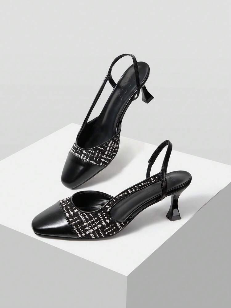 WOMEN CONTRAST TWEED SLINGBACKS PUMPS VALENTINE'S DAY