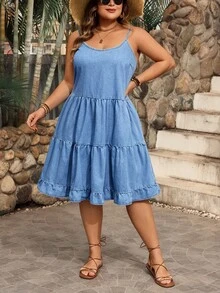 Breezaya 大码女式休闲牛仔连体裤连衣裙 - 中等水洗藍 - 查看 1