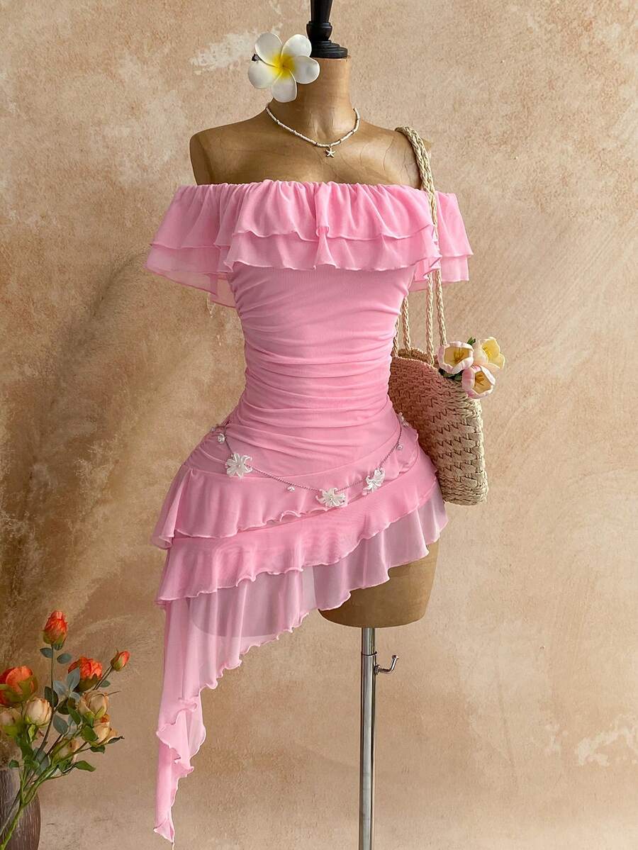 Soleia 春夏度假针织网纱无肩带露肩修身多层荷叶边不对称下摆连衣裙，适合花园派对、下午茶、插花、约会、波西米亚风、度假、秋季女装、复古、假日等场合。 - 粉色 - 查看 1