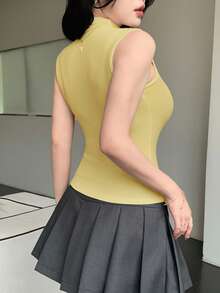 DAZY 女士无袖高领修身吊带背心，夏季 - 黃色 - 查看 5