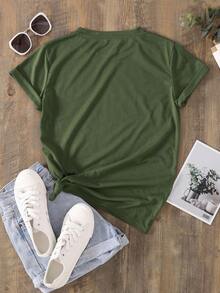 INAWLY Áo thun ngắn tay in chữ dành cho nữ, áo thun họa tiết, áo kiểu nữ. - xanh quân đội - Xem 2