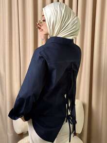 Livesso 女士休闲长袖宽松翻领衬衫，露背蝴蝶结，长袖上衣，秋季服装 - 藏蓝色 - 查看 2