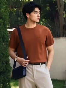 DAZY 男士字母提花棕色圆领短袖针织衫，夏季 - 棕色 - 查看 5