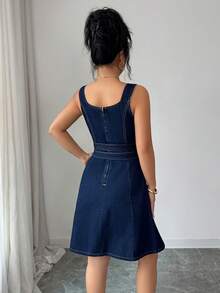 Elenzga Women's Casual Fashion Sleeveless Denim Dress With Waist Buckle Design - Dark Wash - View 2