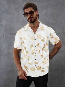 Manfinity Homme Men's Floral Print Button Front Casual Versatile Short Sleeve Shirt - White - View 6