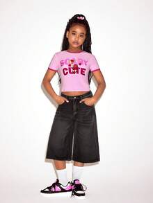 SHEIN HOT STUFF Tween Girl Casual Everyday Commute Cartoon Letter Print Ringer Crop Tee, Summer - Hot Pink - View 2