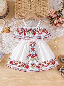 SHEIN Baby Girls' Sleeveless Open Shoulder Mexican Dress, Summer - White - View 2