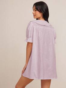 2026 Vestido bohemio mini de línea A con manga corta abullonada, cuello con volantes, abotonado, 100% algodón, para rodeo de Nashville, vacaciones, lindo atuendo para brunch - Púrpura malva - Ver 5