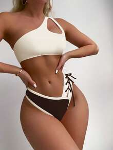 SHEIN Swim 女士夏季海滩度假风镂空撞色系带比基尼套装 - 彩色 - 查看 7