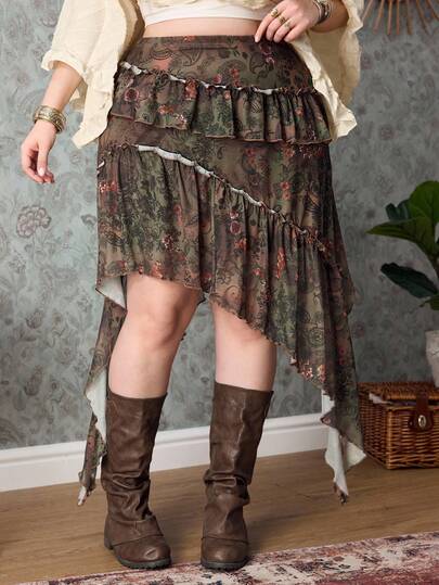 Hippie Falda asimétrica con estampado floral, cintura elástica y volantes para mujer talla grande