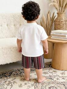 Baby Boy Cartoon Character Short Sleeve Button-Up Shirt And Geometric Print Shorts Casual Outfit - Multicolor - View 4