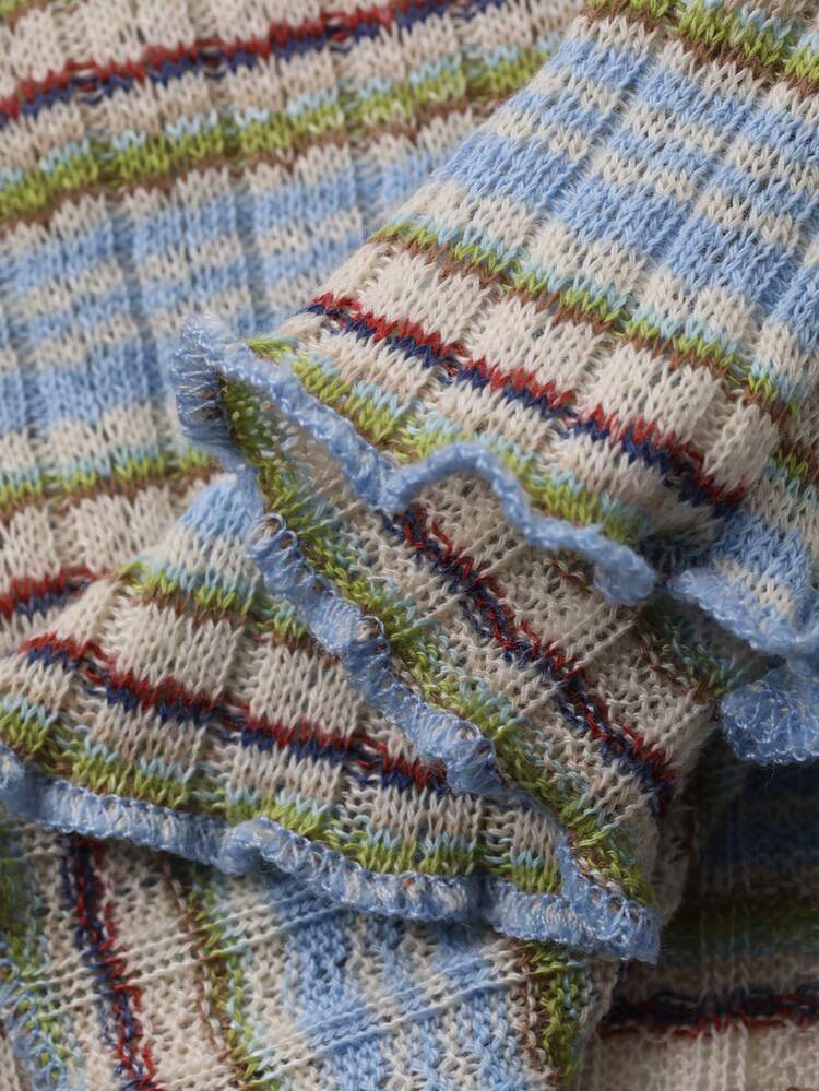 Young Girl Striped Frill Trim Bow Decor Casual Everyday Short Sleeve T-Shirt Summer