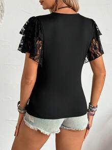 LanaWest Women's Casual Black V-Neck Contrast Lace Ruffle Hem Short Sleeve T-Shirt, Spring/Summer - Black - View 2