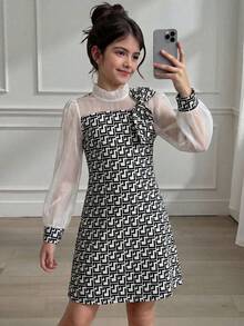 SHEIN رمضان Girls' Black & White Digital Print Organza Long Sleeve Dress With Bow Decor الملابس التقليدية العربية - Black and White - View 5