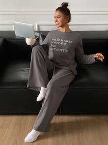 DAZY 两件套女士宽松字母印花长袖上衣和裤子睡衣套装 - 灰色 - 查看 9