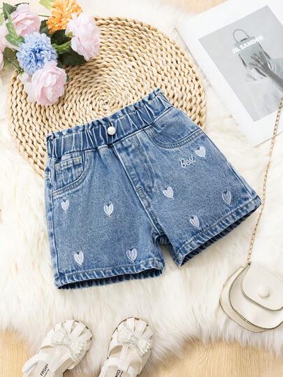 Vintaside Kids Young Girls Denim Jeans, New Spring/Summer Light Blue Washed Denim Shorts, Casual Cute Heart Embroidery, Soft & Comfortable, Suitable For School, Outdoor Activities, Daily Wear