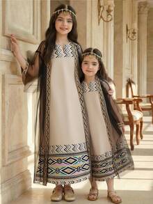 Young Girl Casual Vacation Jacquard Striped Ribbon Splice Mesh Jacket And Loose Fit Long Print Dress Set, Beige/Khaki Pakistani Clothes For Kids Kids Abaya Dress Kids Arabic Dress Beige Dress For Girls - Khaki - View 7