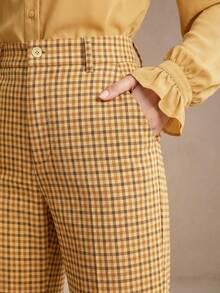 Anewsta Women's Plaid Print Trousers With Rivet Pockets, Elegant Business Casual Flare Pants For Spring/Summer Commute - Multicolor - View 6