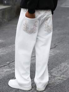 Manfinity EMRG Men's Mature Casual/Business Embroidered Straight Leg Wide Leg Jeans - White - View 2